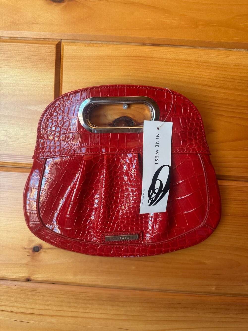 Nine West Red Faux Croc Patent Clutch Handbag